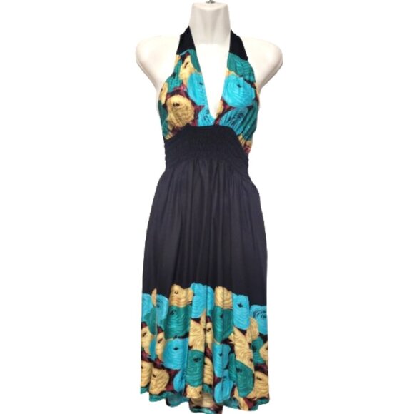 Halter Colorful Dress Summer Halter Dress in Blue, Green and Tan Floral Print - Picture 1 of 15